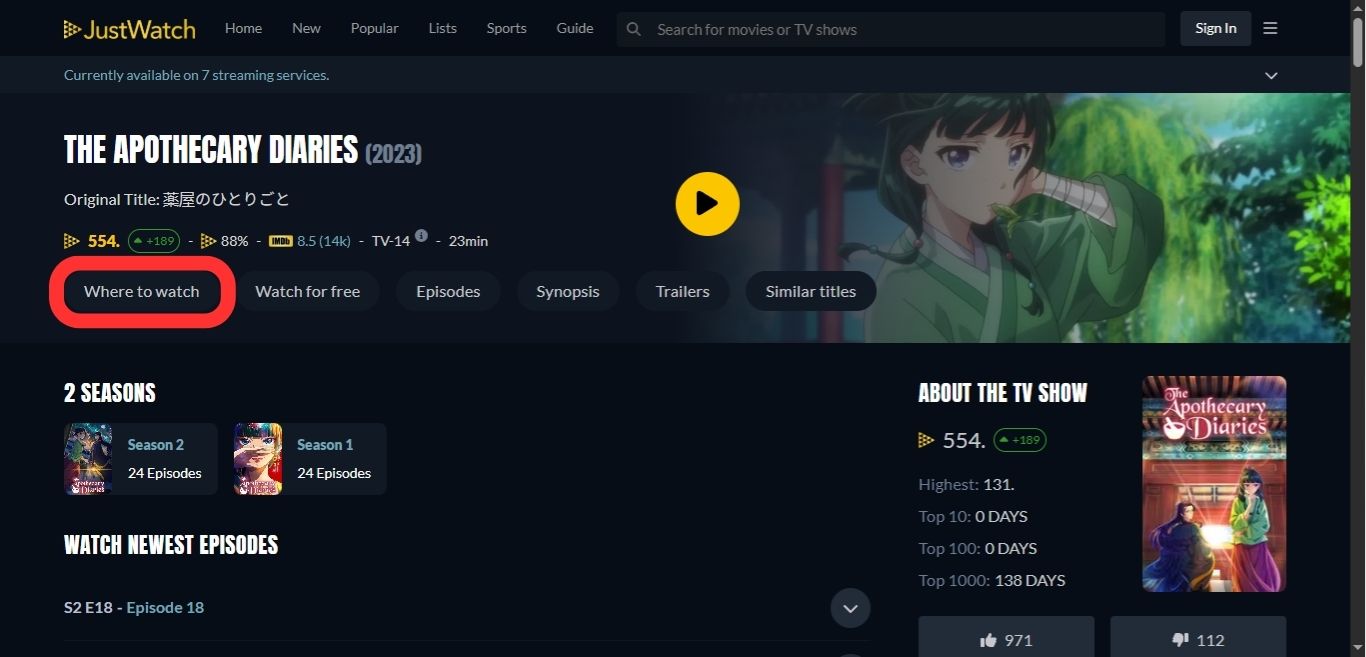 Finding streaming platforms for any anime on JustWatch