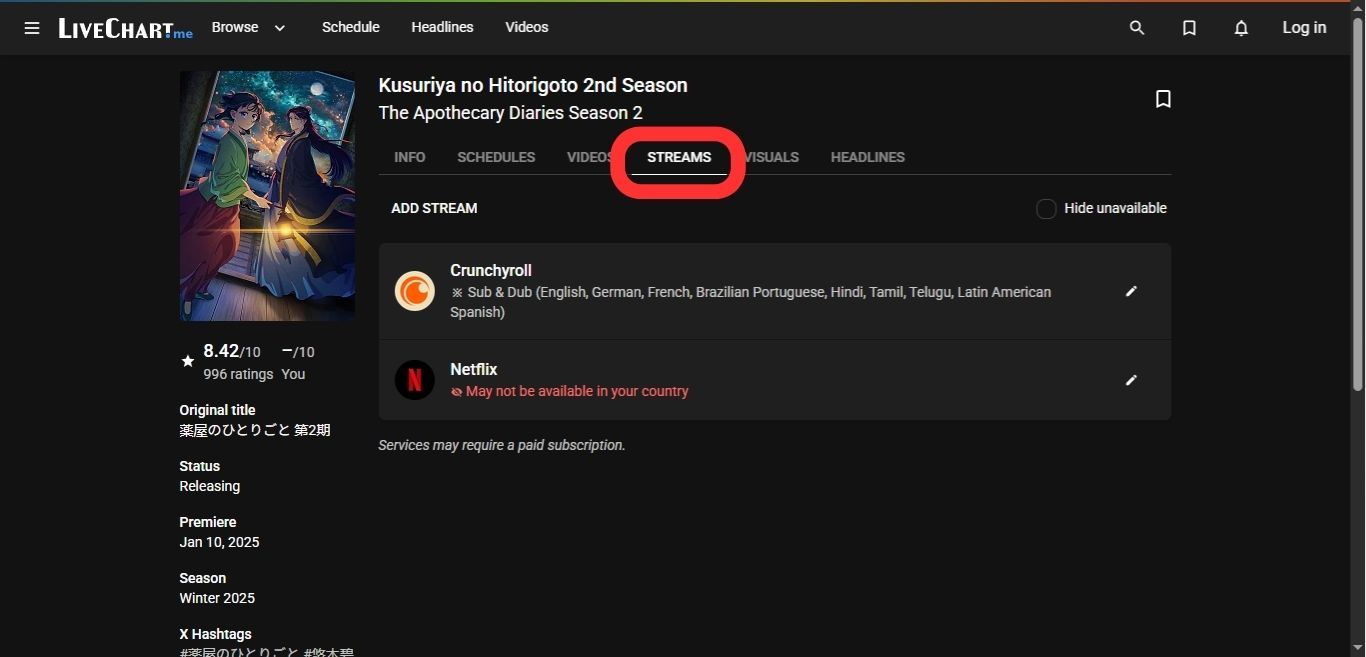 Finding streaming platforms for any anime on LiveChart
